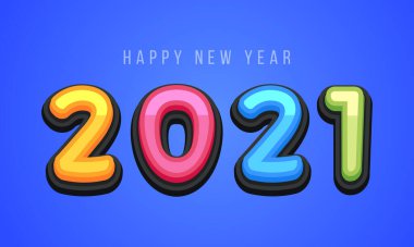 Çocuklar için mutlu yıllar 2021 şirin tebrik kartı. Komik alfabe harfleri, sayılar, semboller. Çok Renkli Yazıtipi mavi arkaplanda Grafik Biçimi içerir