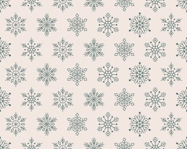 Noel, kusursuz yeni yıl düzeni, beyaz arka planda yeşil kar taneleri çizgisi çizimi. Kış tatillerinin ikonaları, soğuk mevsim kar taneleri, kar yağışı.