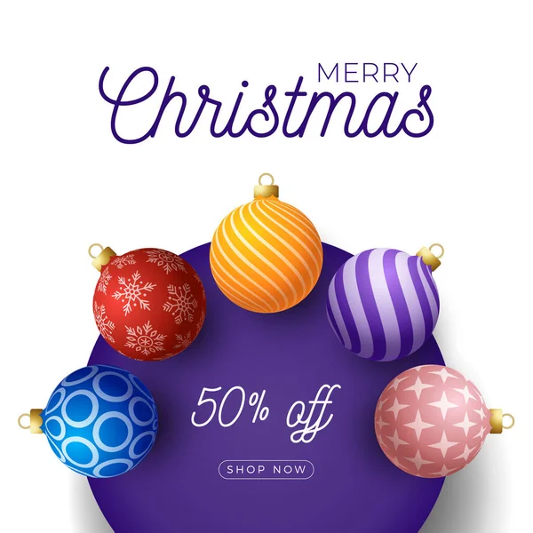 Christmas square promo banner. Holiday vector illustration with realistic ornate colorful Christmas balls on purple circle and white background.