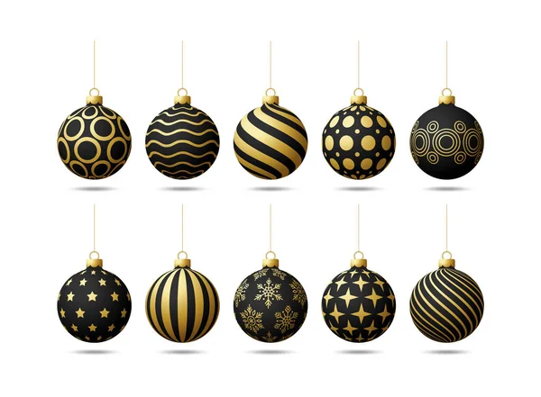 Black Gold Christmas Tree Toy Balls Set Isolated White Background — Vetor de Stock