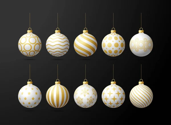 White Gold Christmas Tree Toy Balls Set Isolated Black Background — Vetor de Stock