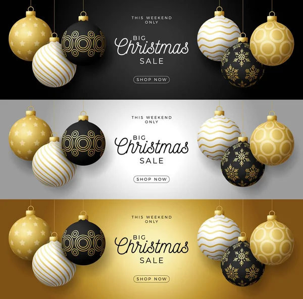Set Luxus Weihnachtsverkauf Horizontale Banner Weihnachtskarte Mit Kunstvollen Kugeln Schwarz — Stockvektor