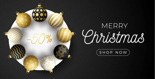 Banner Horizontal Venta Navidad Lujo Tarjeta Navideña Con Bolas Realistas — Vector de stock