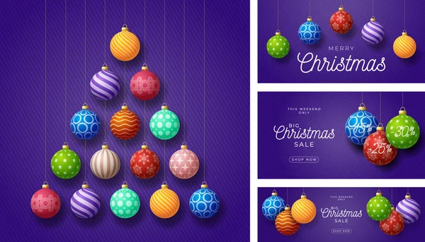Set Von Weihnachts Und Neujahrskarten Mit Kugelbaum Weihnachtskarte Mit Kunstvollen — Stockvektor