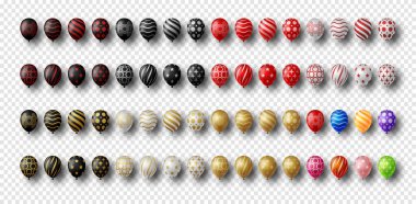 Transperent Arkaplan 'da izole edilmiş renkli, Altın, Gümüş ve Siyah Helium Balonları grubu. Balon seti ve doğum günü, yıldönümü, kutlama partisi dekorasyonları..