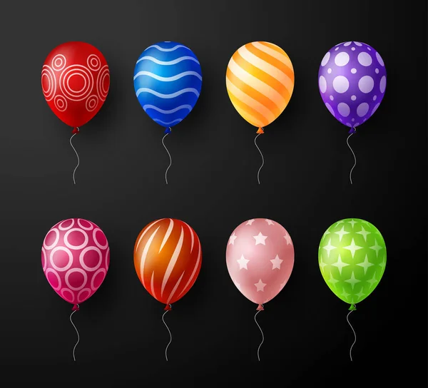 Set Van Realistische Sierlijke Decoratieve Vector Kleurrijke Ballonnen Geïsoleerd Zwarte — Stockvector