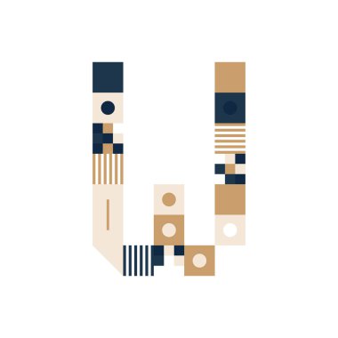 Vector Piksel Sanat Mektubu W. Renkli Harf Şeritlerden, karelerden ve beyaz arkaplandaki noktalardan oluşmaktadır. Elektronik skorbord gibi posterler için Geometrik Alfabe.