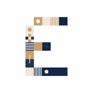 Vector Piksel Sanat Mektubu E. Renkli Harf Şeritlerden, karelerden ve beyaz arkaplandaki noktalardan oluşmaktadır. Elektronik skorbord gibi posterler için Geometrik Alfabe.