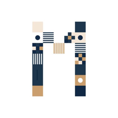 Vector Piksel Sanat Mektubu M. Renkli Harf. Beyaz arkaplandaki şeritler, kareler ve noktalardan oluşan modüller. Elektronik skorbord gibi posterler için Geometrik Alfabe.