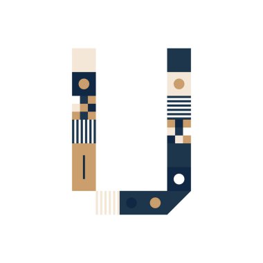 Vektör Piksel Sanat Harfi U. Beyaz arkaplandaki şeritler, kareler ve noktalardan oluşan renkli harfler. Elektronik skorbord gibi posterler için Geometrik Alfabe.