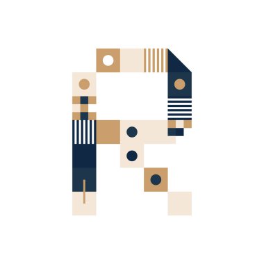 Vector Piksel Sanat Harfi R. Renkli Harf Şeritler, kareler ve beyaz arkaplandaki noktalardan oluşan modüller. Elektronik skorbord gibi posterler için Geometrik Alfabe.