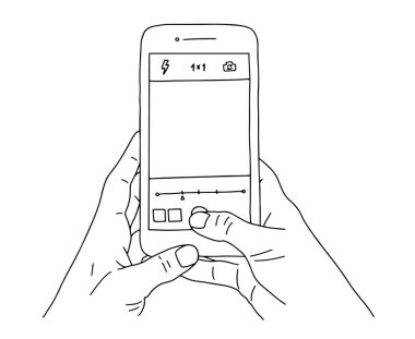 Telefonu tutan el. Çizgi sanatı modern vektör illüstrasyonu. Tasarımınız için şablon.