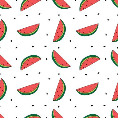 Vektör kusursuz desen. Karpuz dilimleri ve beyaz tohumlar.
