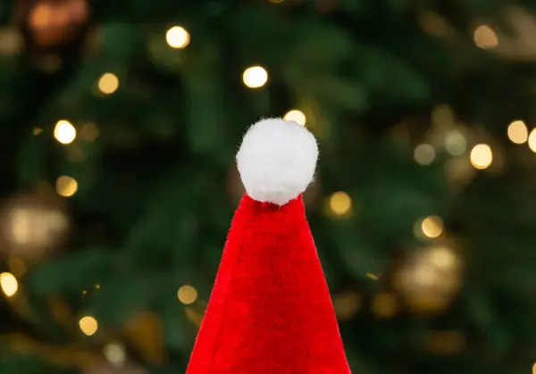 Sombrero Santa Fondo Árbol Navidad Guirnaldas Primer Plano Concepto Navidad — Foto de Stock