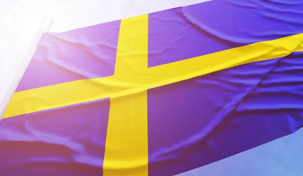 Sweden flag on the blue sky. Close up national flag in bright rays sun that is waving in the wind on flagpole. — Stock Photo, Image