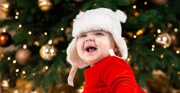 Christmas Baby Smiling Cute Little Girl Red Dress White Hat — Stock Photo, Image