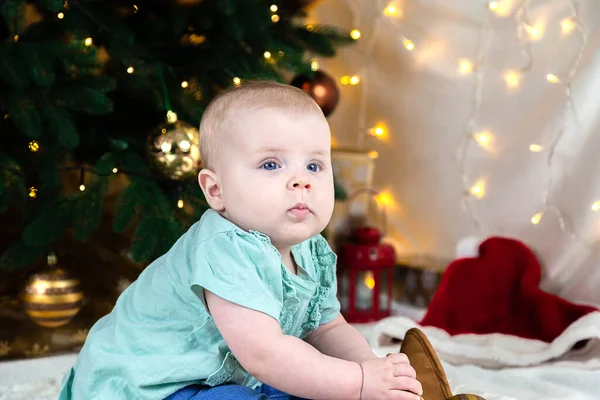 Baby Jeans Shoes Sits Christmas Tree Toys Balls Lie Child — Stock Photo, Image