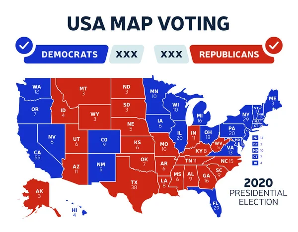 アメリカ合衆国大統領選挙の結果図 アメリカ地図投票 大統領選挙の地図各州のアメリカの選挙の投票共和党や民主党の政治的ベクトルのインフォグラフィックを示す — ストックベクタ