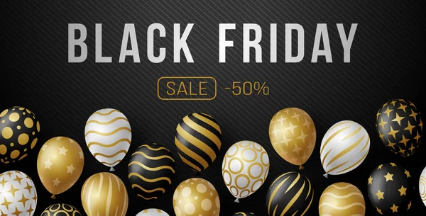 Black Friday Sale Horizontal Banner Com Balões Brilhantes Preto Branco — Vetor de Stock