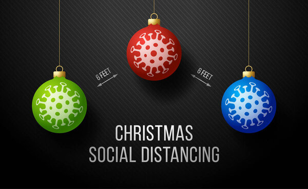 COVID-19 Keep Social Distance Merry Christmas Banner With realistic tree ball. Vector Illustration.