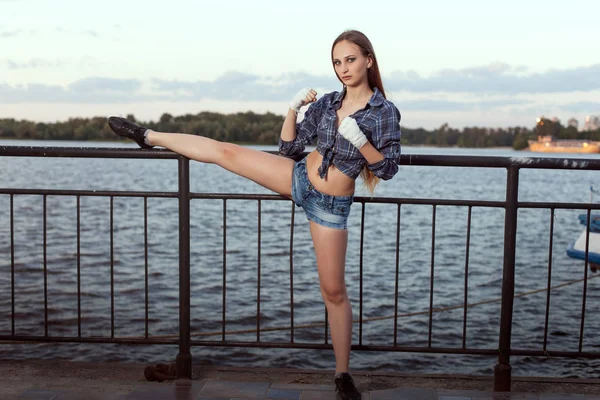 Young Woman Fighter Doing Sports Stretching River Bank — Stock Photo, Image