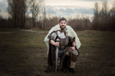 Dizimin üstüne ayakta elinde bir kılıç ile zırh Knight.