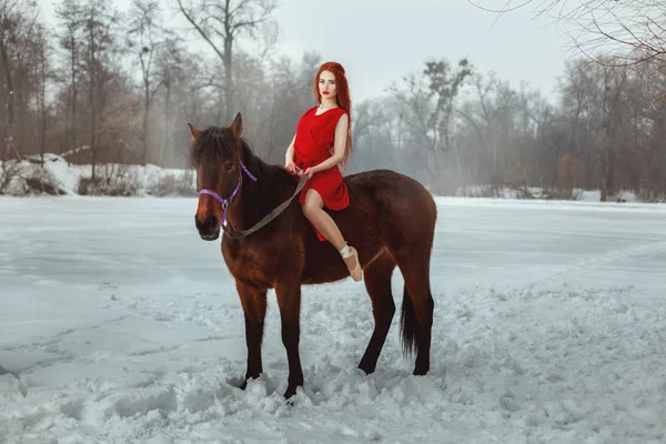 Mulher Bonita Vestido Vermelho Ponteiro Sentado Cavalo — Fotografia de Stock