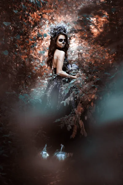 妖精の森林のハロウィーンの衣装の若い女性の肖像画 — ストック写真