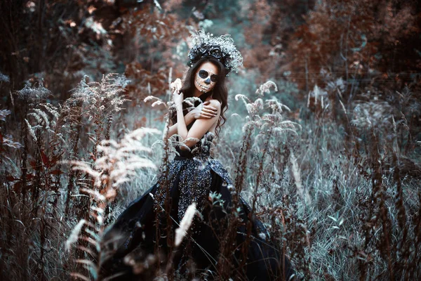 Portrait Young Woman Make Halloween Fairy Forest — Stock Photo, Image