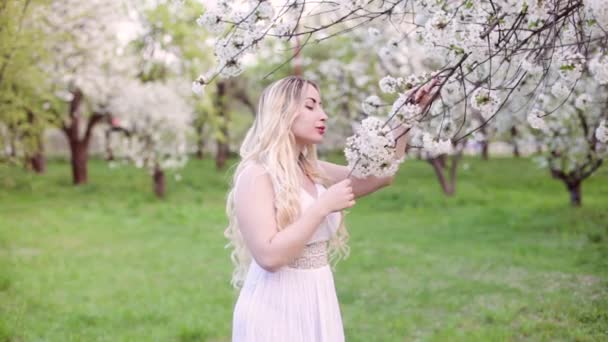 Nel Fiorito Giardino Primaverile Una Giovane Donna Gode Del Profumo — Video Stock