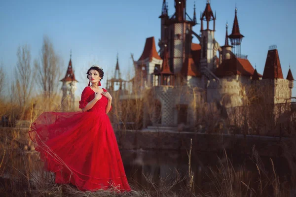 Prinsessan på bakgrunden av slottet. — Stockfoto