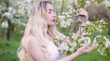 Bahar çiçekleri bahçesinde güzel bir genç kadın. Bir dalda tomurcukları okşar ve öper..