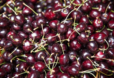 Taze kırmızı kirazlar. Kirazlı tecavüz meyveleri. Yakın çekim. Kiraz vitamini meyvesi. Taze ve sağlıklı meyveler..