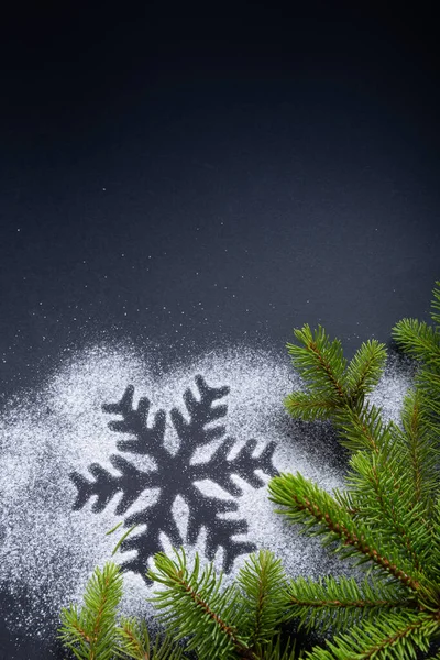 Decoração Natal Com Floco Neve Galhos Árvore Natal Fundo Preto — Fotografia de Stock