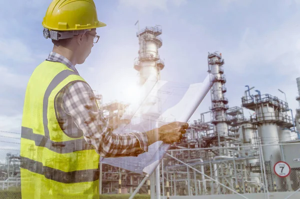 Dobbel Eksponering Maskinist Med Sikkerhetshjelm Med Bakgrunn Fra Oljeraffineriindustrien – stockfoto