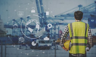 Foreman'ın küresel iş bağlantısı teknoloji arabirimi küresel ortağı bağlantısı lojistik ithalat ihracat arka plan, şeylerin, iş Logist Internet için kapsayıcı kargo yük gemisinin ile çalışma