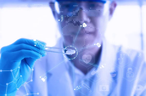 Young Attractive Male Scientist Holding Red Transparent Pill Futuristic Scientific — Stock Photo, Image