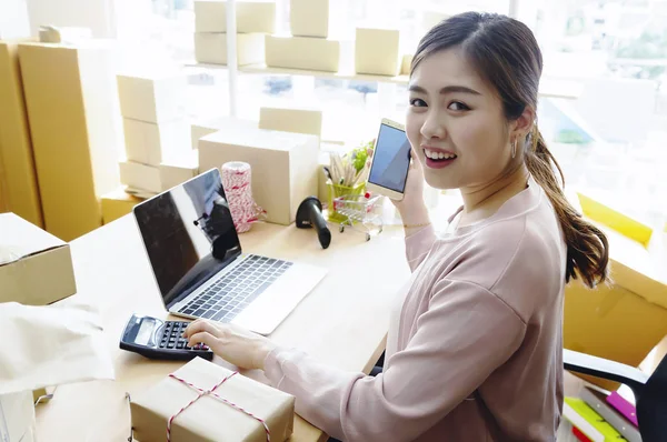 Junge Unternehmerin Die Hause Über Das Online Geschäft Arbeitet Geschäftsinhaberin — Stockfoto