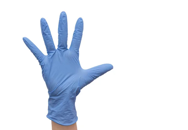 Right hand in a blue glove on a white isolated background. — Stock Photo, Image