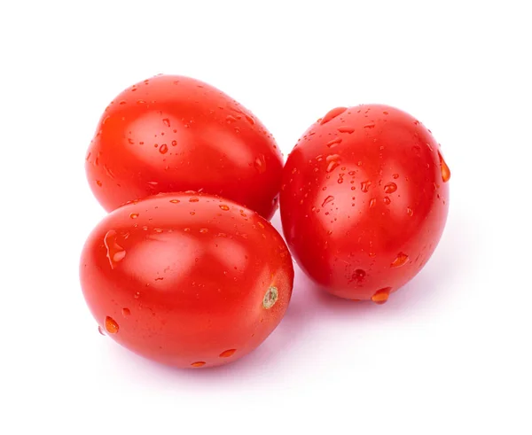 Tomates Vermelhos Maduros Com Gotas Orvalho Isoladas Sobre Fundo Branco — Fotografia de Stock