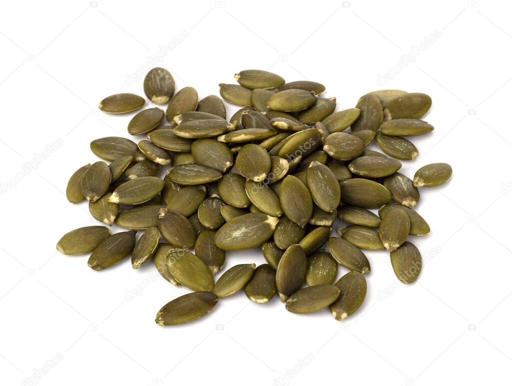 raw pumpkin seeds isolated on a white background. proper nutrition and weight loss. useful product