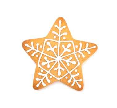 Beyaz arka planda izole edilmiş kremayla kaplı zencefilli kurabiye yıldızı. Yılbaşı ve Noel için şenlikli ikramlar