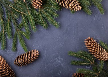 Siyah arka planda konileri olan Noel ağacı, metin için yeri olan üst manzara. Yeni yıl arkaplanı