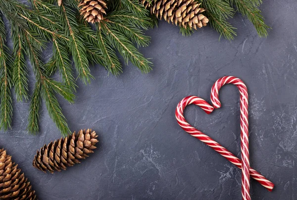 Árvore Natal Com Cones Sobre Fundo Preto Vista Superior Com — Fotografia de Stock