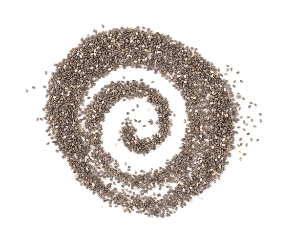 Beyaz arka planda izole edilmiş spiral şeklinde Chia tohumları. Düzgün beslenme ve sağlıklı yaşam tarzı kavramı