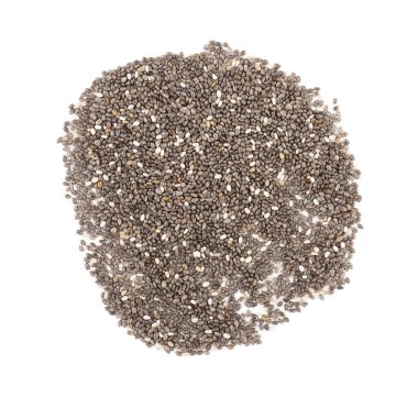 Chia tohumları beyaz bir arkaplanda izole edilmiş, üst görünüm. İspanyol bilgesi, sağlıklı yiyecek.