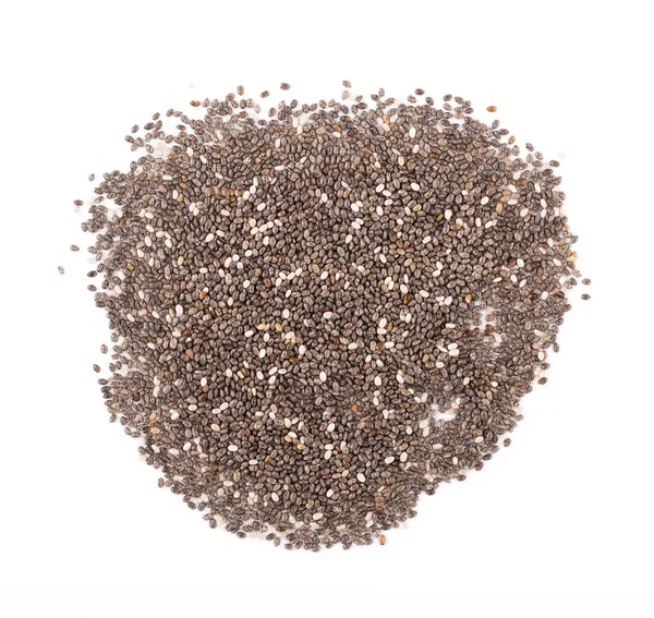 Chia tohumları beyaz bir arkaplanda izole edilmiş, üst görünüm. İspanyol bilgesi, sağlıklı yiyecek.