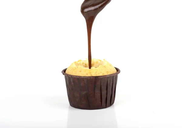 Chocolate Derretido Derramado Cupcake Gotas Chocolate Bolo Esponja — Fotografia de Stock