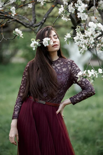 Ein Mädchen Einem Blühenden Garten Einem Kastanienbraunen Kleid — Stockfoto
