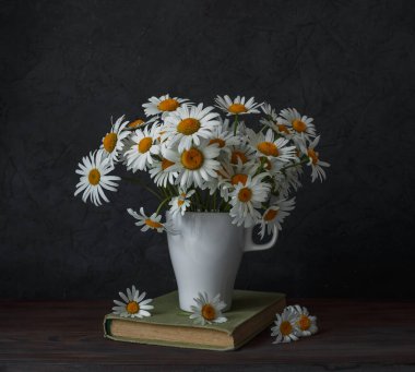 Siyah arka planda beyaz bir bardakta papatyalar